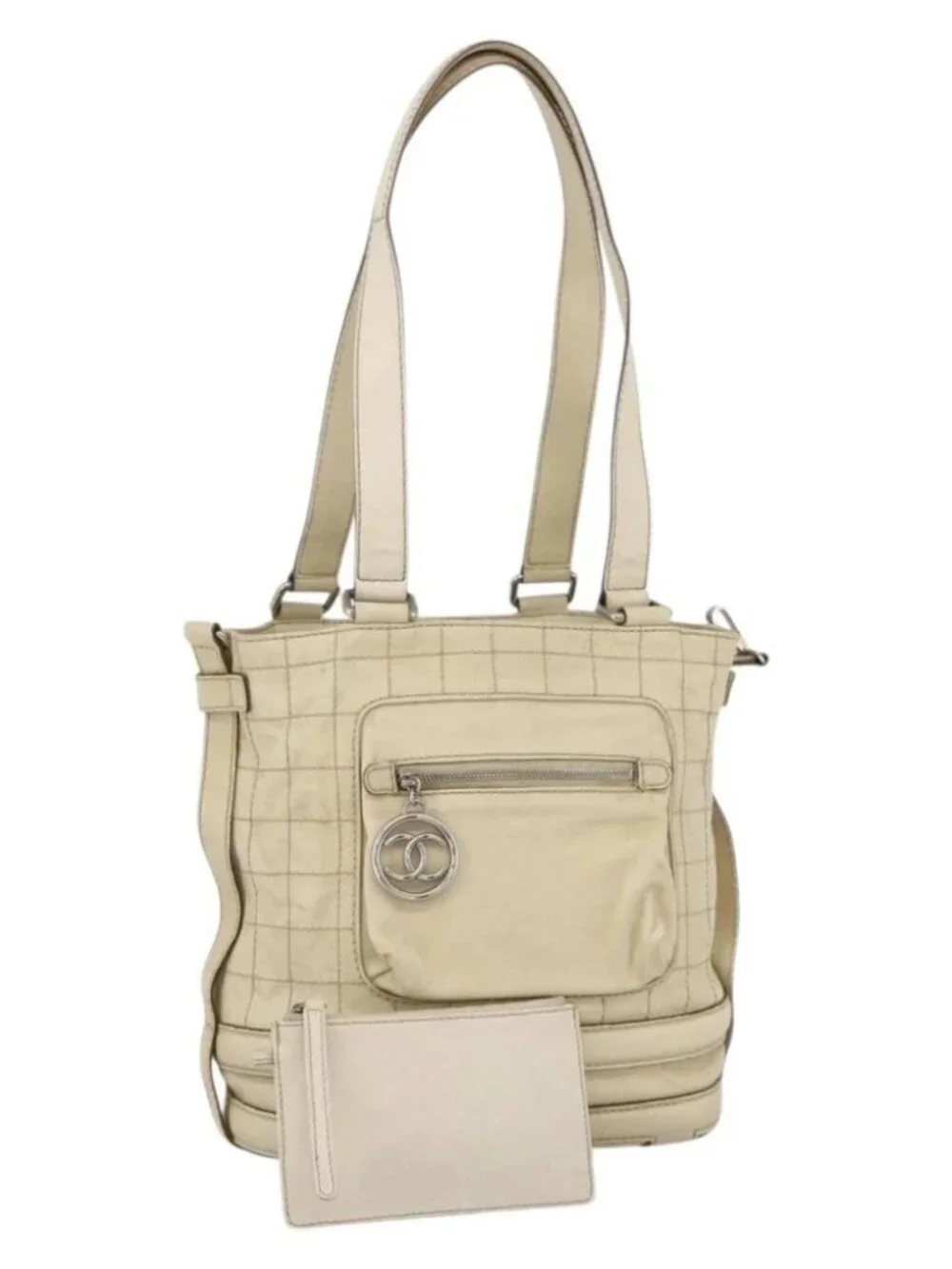 CHANEL Choco Bar Hand Bag Leather Ivory Silver CC Auth bs34277
